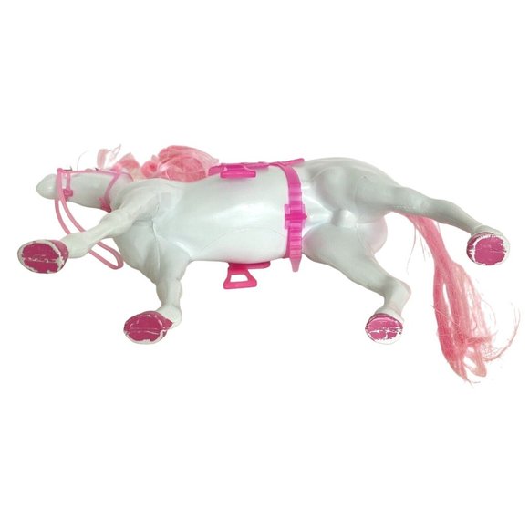 White Blow Mold Horse With Pink Hair Hooves Saddle Bridle 11in Tall - Picture 15 of 16
